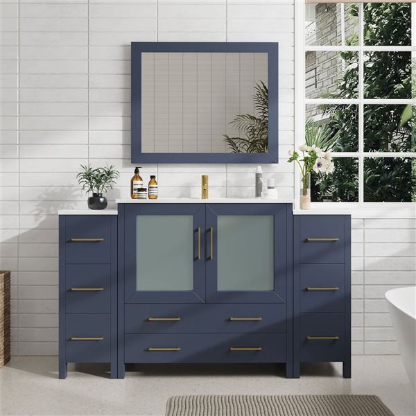 Vanity Art 60 W x 18 D x 36-in H Single Bathroom Vanity w/ Sink/ Ceramic Top and Mirror - Blue