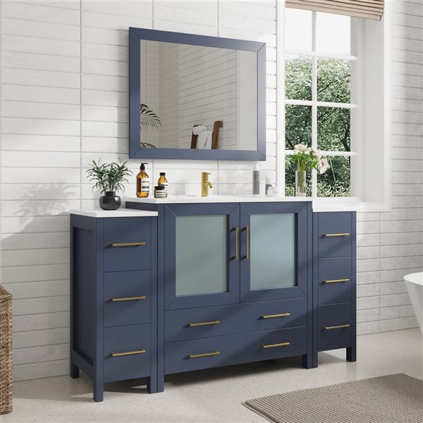 Vanity Art 60 W x 18 D x 36-in H Single Bathroom Vanity w/ Sink/ Ceramic Top and Mirror - Blue