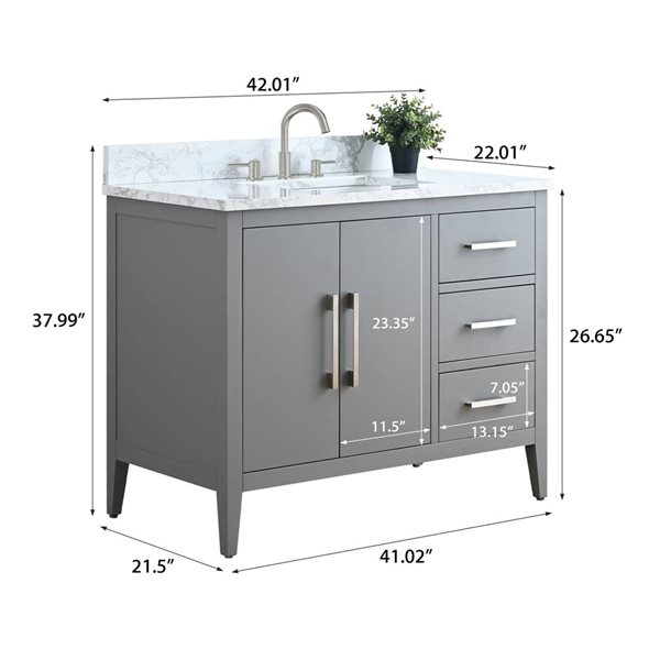 Vanity Art 42-in W Single Sink Bathroom Vanity w/ Engineered Marble Top and Brushed Nickel Handle - Grey