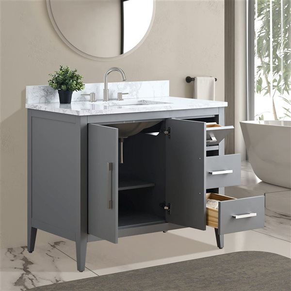 Vanity Art 42-in W Single Sink Bathroom Vanity w/ Engineered Marble Top and Brushed Nickel Handle - Grey