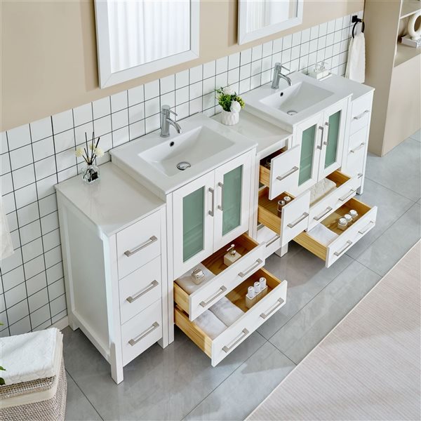 Vanity Art 84 W x 18 D x 36-in H Double Bathroom Vanity w/ Sinks/ Ceramic Top and Mirrors - White
