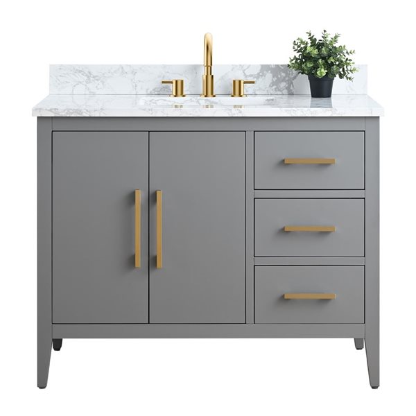 42-In W Single Sink Bathroom Vanity W/ Engineered Marble Top And Brushed Gold Handle - Grey, Grey/Red/Gold