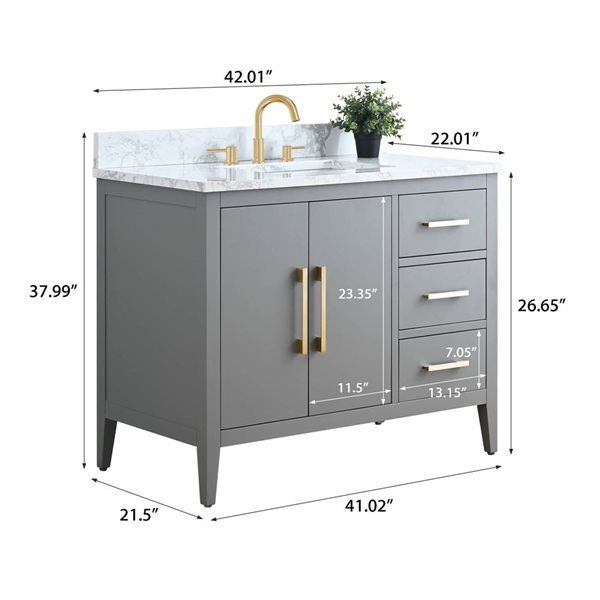Vanity Art 42-in W Single Sink Bathroom Vanity w/ Engineered Marble Top and Brushed Gold Handle - Grey