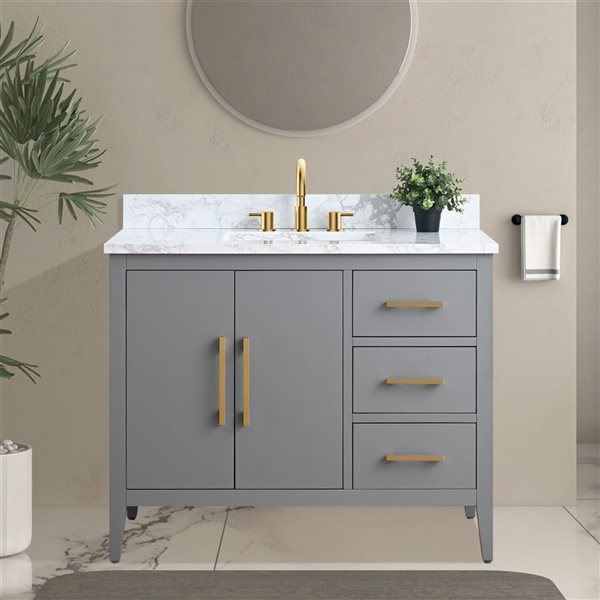 Vanity Art 42-in W Single Sink Bathroom Vanity w/ Engineered Marble Top and Brushed Gold Handle - Grey