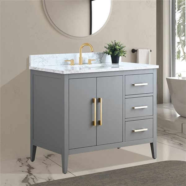 Vanity Art 42-in W Single Sink Bathroom Vanity w/ Engineered Marble Top and Brushed Gold Handle - Grey