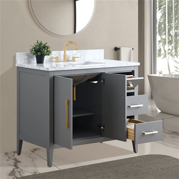Vanity Art 42-in W Single Sink Bathroom Vanity w/ Engineered Marble Top and Brushed Gold Handle - Grey