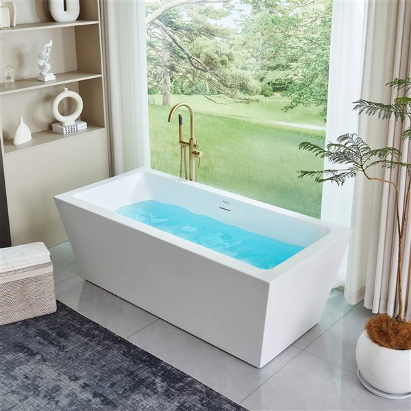 Vanity Art Tarbes 67 x 30-in Acrylic Flat Bottom Rectangular Soaking Freestanding Bathtub - White/Integrated Overflow