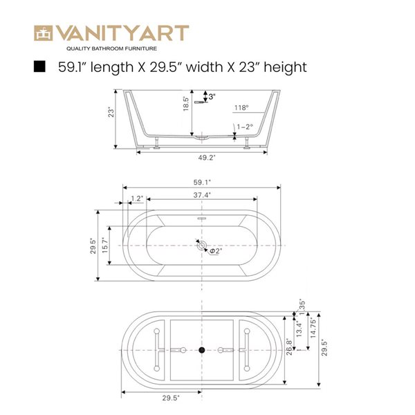 Vanity Art Bordeaux 59 x 30-in Acrylic Flat Bottom Oval Soaking Freestanding Bathtub - White/Matte Black