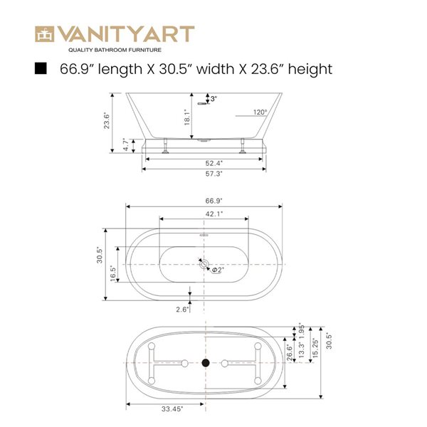 Vanity Art Versailles 67 x 31-in Acrylic Freestanding Soaking Bathtub with Centre Drain - White/Polished Chrome