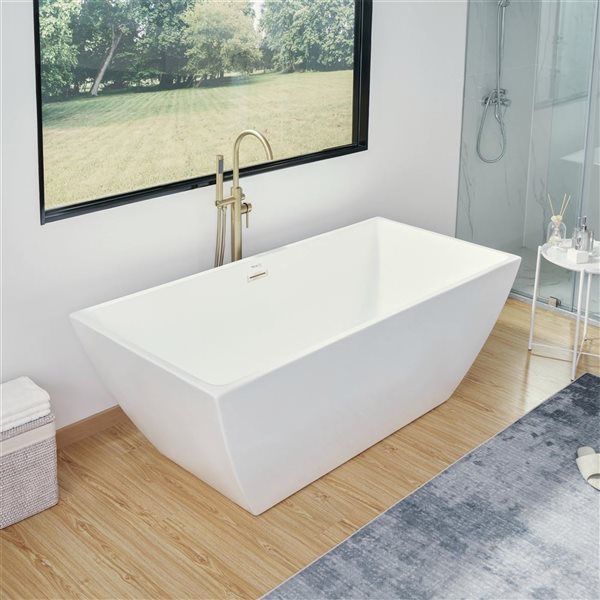 Vanity Art Montpellier 67 x 32-in Acrylic Flat Bottom Rectangular Soaking Freestanding Bathtub - White/Brushed Nickel