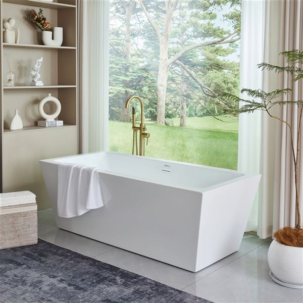Vanity Art Tarbes 67 x 30-in Acrylic Flat Bottom Rectangular Soaking Freestanding Bathtub - Pure White