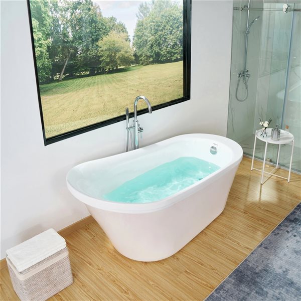 Vanity Art Nimes 70 x 34-in Acrylic Flat Bottom Oval Soaking Freestanding Bathtub - White/Polished Chrome