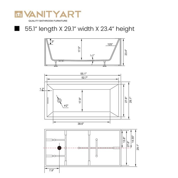 Vanity Art Vannes 55 x 29-in Acrylic Flat Bottom Rectangular Soaking Freestanding Bathtub - White/Oil Rubbed Bronze