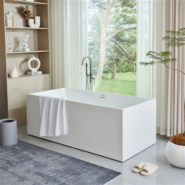 Vanity Art Talence 67 x 32-in Acrylic Flat Bottom Rectangular Soaking Freestanding Bathtub - White/Integrated Overflow