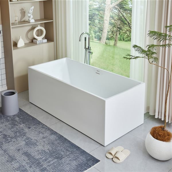 Vanity Art Talence 67 x 32-in Acrylic Flat Bottom Rectangular Soaking Freestanding Bathtub - White/Integrated Overflow