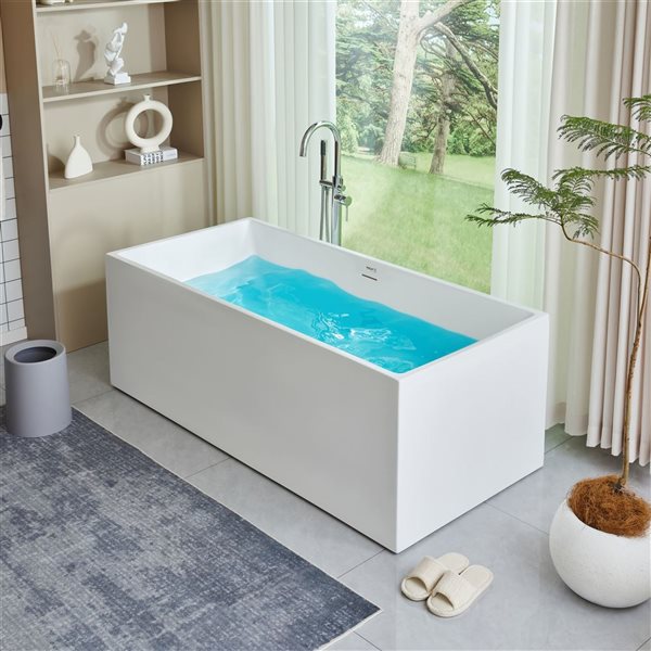 Vanity Art Talence 67 x 32-in Acrylic Flat Bottom Rectangular Soaking Freestanding Bathtub - White/Integrated Overflow
