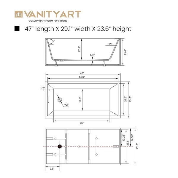 Vanity Art Vannes 47 x 29-in Acrylic Flat Bottom Rectangular Soaking Freestanding Bathtub - White/Polished Chrome