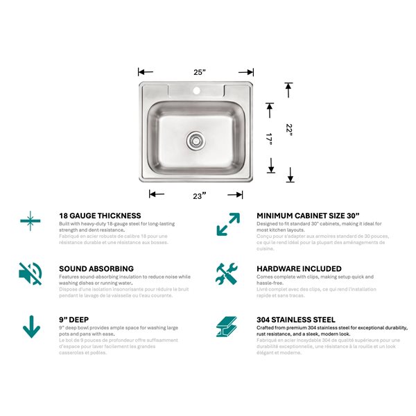 Unique Home Supplies 25-in W 18 Gauge Stainless Steel Kitchen Sink