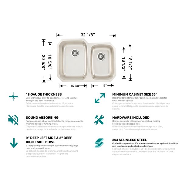 Unique Home Supplies 32.1-in W 18 Gauge Stainless Steel 2-Bowl Kitchen Sink