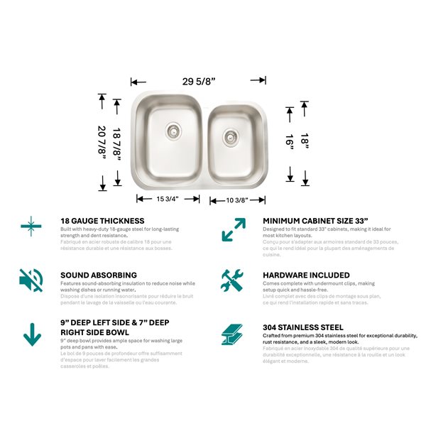 Unique Home Supplies 29.6-in W 2-Bowl 18 Gauge Stainless Steel Kitchen Sink