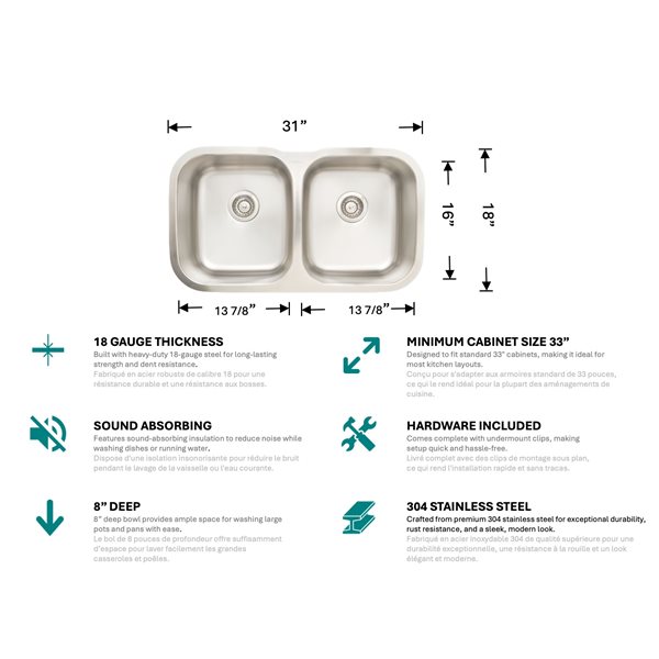 Unique Home Supplies 31-in W 2-Bowl 18 Gauge Stainless Steel Kitchen Sink