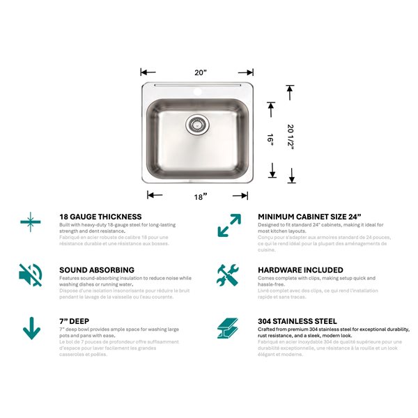 Unique Home Supplies 20-in W 18 Gauge Stainless Steel Kitchen Sink