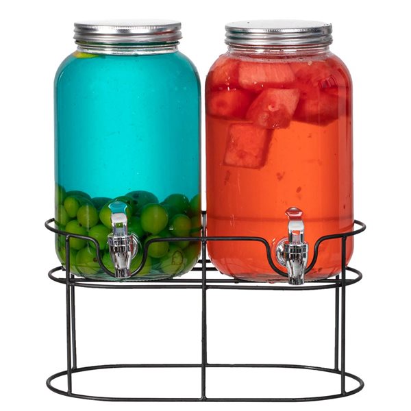 Basicwise 2-Piece Versatile Glass Beverage Dispenser Set w/ Metal Stand
