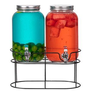 Basicwise 2-Piece Versatile Glass Beverage Dispenser Set w/ Metal Stand