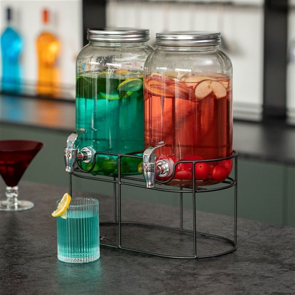 Basicwise 2-Piece Versatile Glass Beverage Dispenser Set w/ Metal Stand