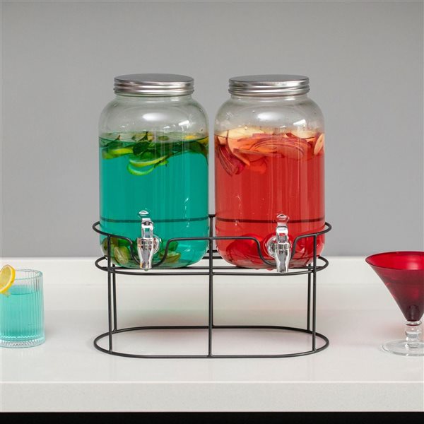 Basicwise 2-Piece Versatile Glass Beverage Dispenser Set w/ Metal Stand