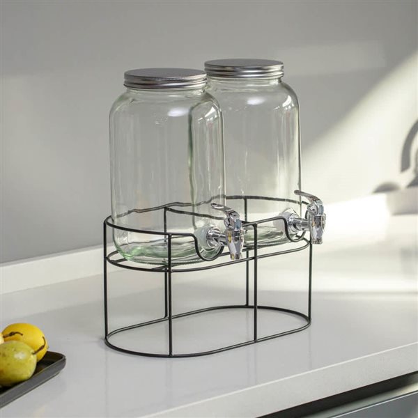 Basicwise 2-Piece Versatile Glass Beverage Dispenser Set w/ Metal Stand