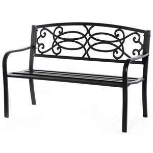 Gardenised Outdoor Black Steel Garden Bench w/ Cast Iron Backrest