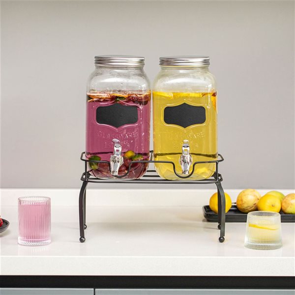 Basicwise 2-Piece Glass Beverage Dispenser Set w/ Metal Stand