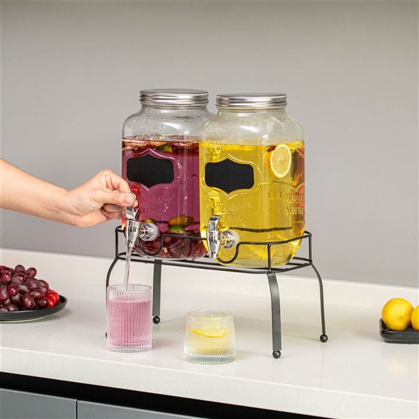 Basicwise 2-Piece Glass Beverage Dispenser Set w/ Metal Stand