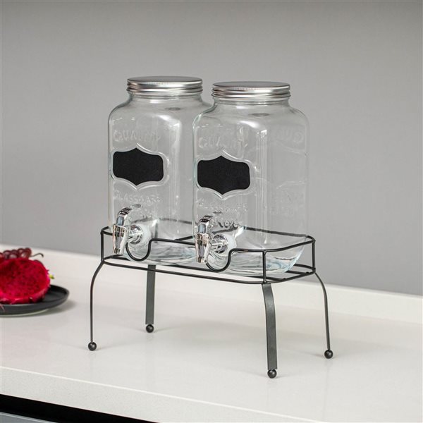 Basicwise 2-Piece Glass Beverage Dispenser Set w/ Metal Stand