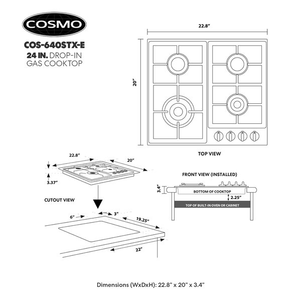Cosmo 24-in Gas Cooktop with 4 Sealed Cast-Iron Burners - Stainless Steel