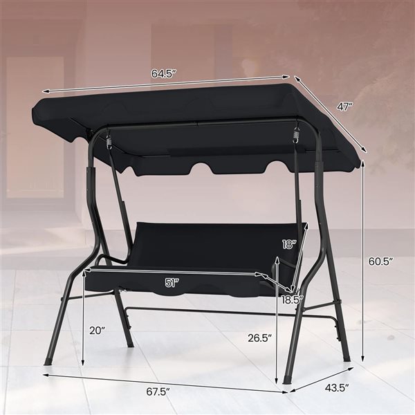 Costway Patio 3-Seat Canopy Swing w/ Steel Frame and Cushioned Seat - Black