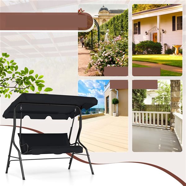 Costway Patio 3-Seat Canopy Swing w/ Steel Frame and Cushioned Seat - Black