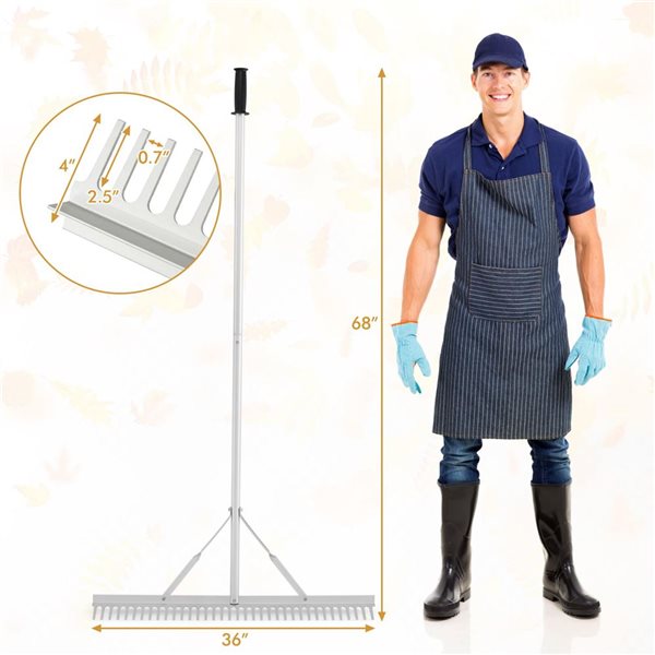 Costway 36-in x 4-in W Head 36-Tine Aluminum Landscape Leaf Rake with 68-in Handle - Silver