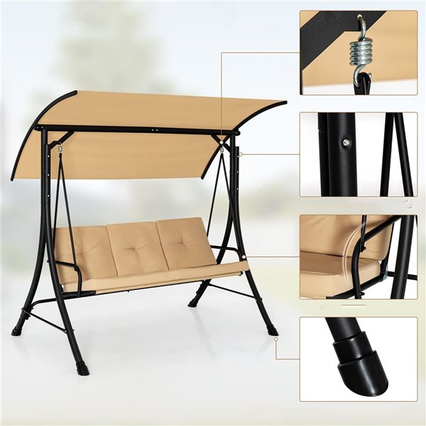 Costway 3-Seat Garden Steel Frame Swing w/ Adjustable Canopy and Padded Cushion - Beige