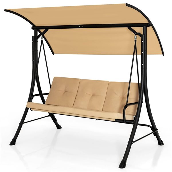 Costway 3-Seat Garden Steel Frame Swing w/ Adjustable Canopy and Padded Cushion - Beige