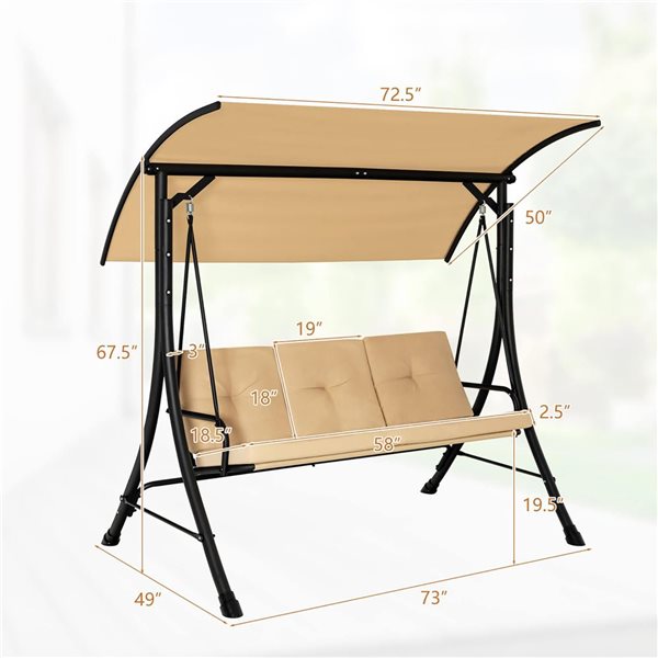 Costway 3-Seat Garden Steel Frame Swing w/ Adjustable Canopy and Padded Cushion - Beige