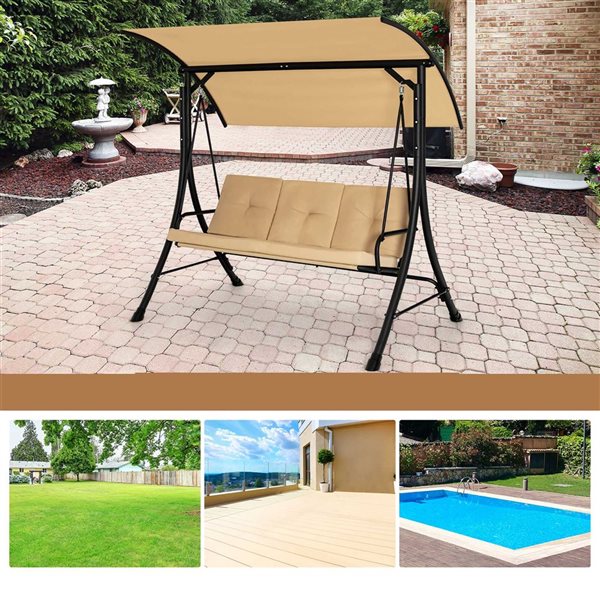 Costway 3-Seat Garden Steel Frame Swing w/ Adjustable Canopy and Padded Cushion - Beige