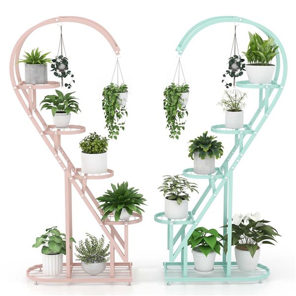 Costway 5-Tier Heart-Shaped Metal Plant Stand Shelf Set with Hanging Hook - Pink and Blue