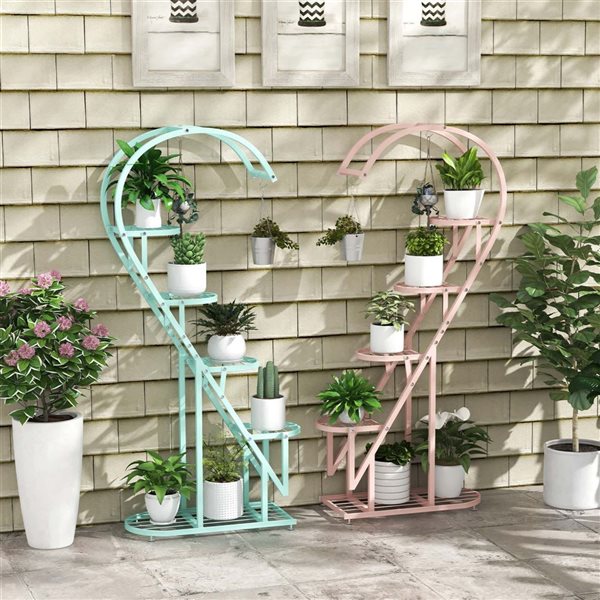 Costway 5-Tier Heart-Shaped Metal Plant Stand Shelf Set with Hanging Hook - Pink and Blue