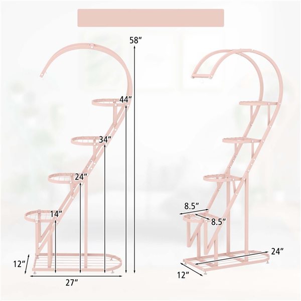 Costway 5-Tier Heart-Shaped Metal Plant Stand Shelf Set with Hanging Hook - Pink and Blue