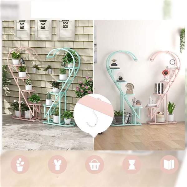 Costway 5-Tier Heart-Shaped Metal Plant Stand Shelf Set with Hanging Hook - Pink and Blue