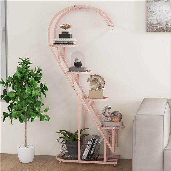 Costway 5-Tier Heart-Shaped Metal Plant Stand Shelf Set with Hanging Hook - Pink and Blue