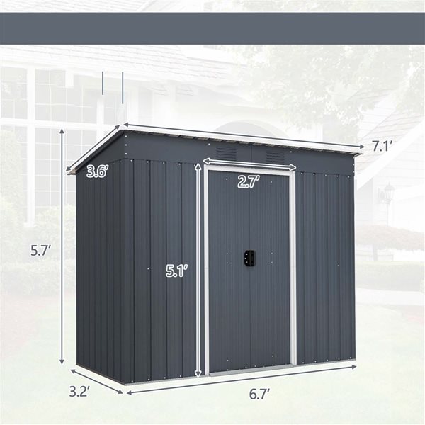 Costway 3.6 x 7.1-ft Galvanized Steel Garden Tool Storage Outdoor Shed - Grey