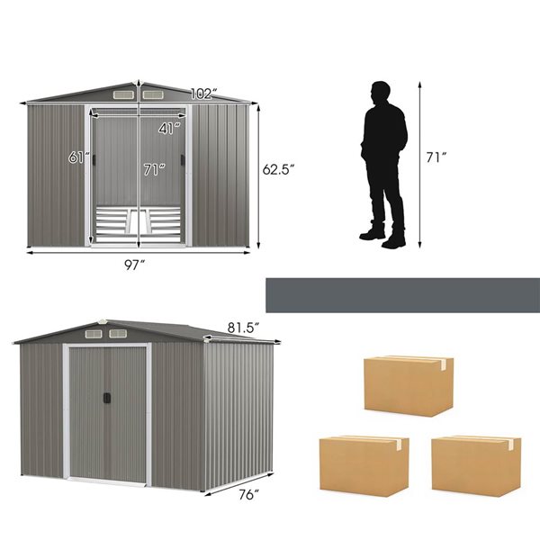 Costway 8 x 6-ft Galvanized Steel Garden Tool Storage Outdoor Shed - Grey
